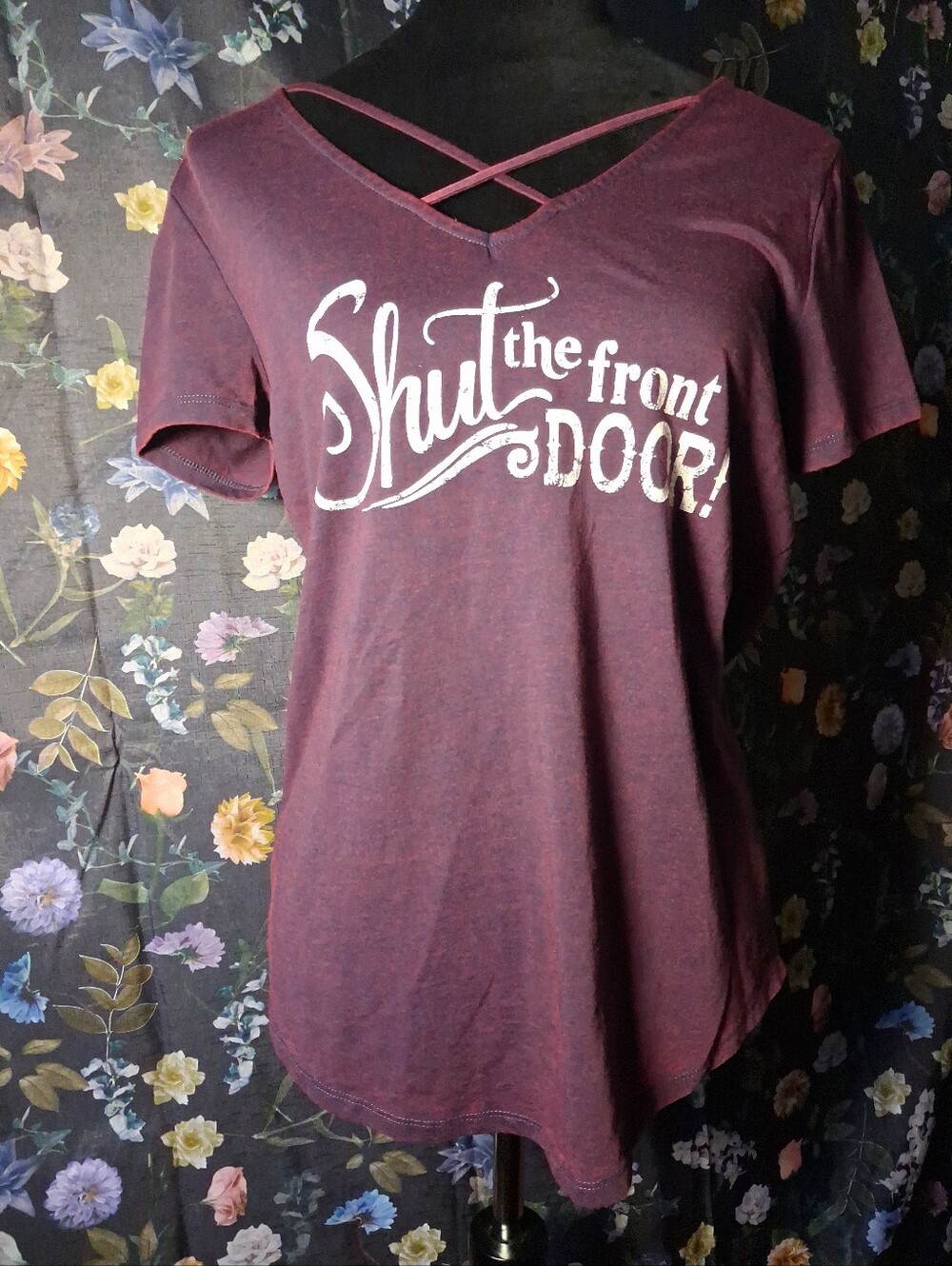 Maurices Wine Crisscross V-Neck Tee with Graphic